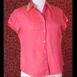 TRACY M. coral linen cap sleeve button blouse M✨